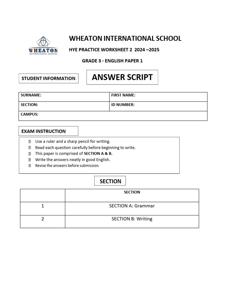 Grade 3 English Exam Practice Worksheet | PDF | Syntax | Linguistic ...