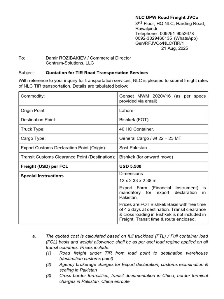 TIR Freight Quotation: Lahore to Bishkek | PDF | Cargo | Legal Liability