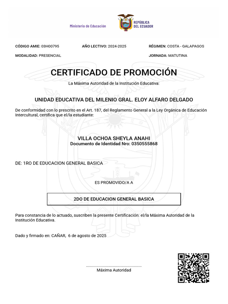 Certificado de Promoción Escolar 2025 | PDF
