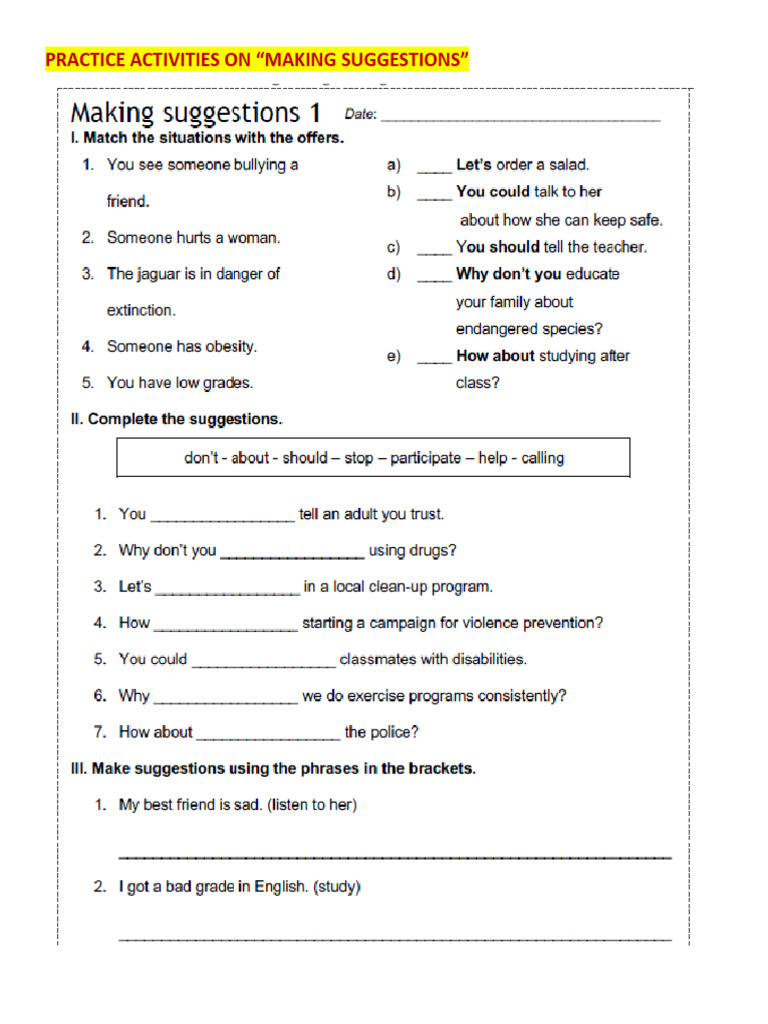 Making Suggestions Practice Activities | PDF