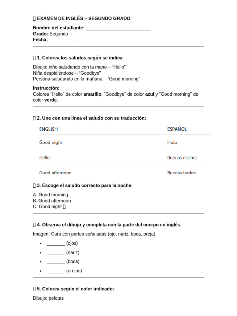 Examen Ingles - Segundo | PDF