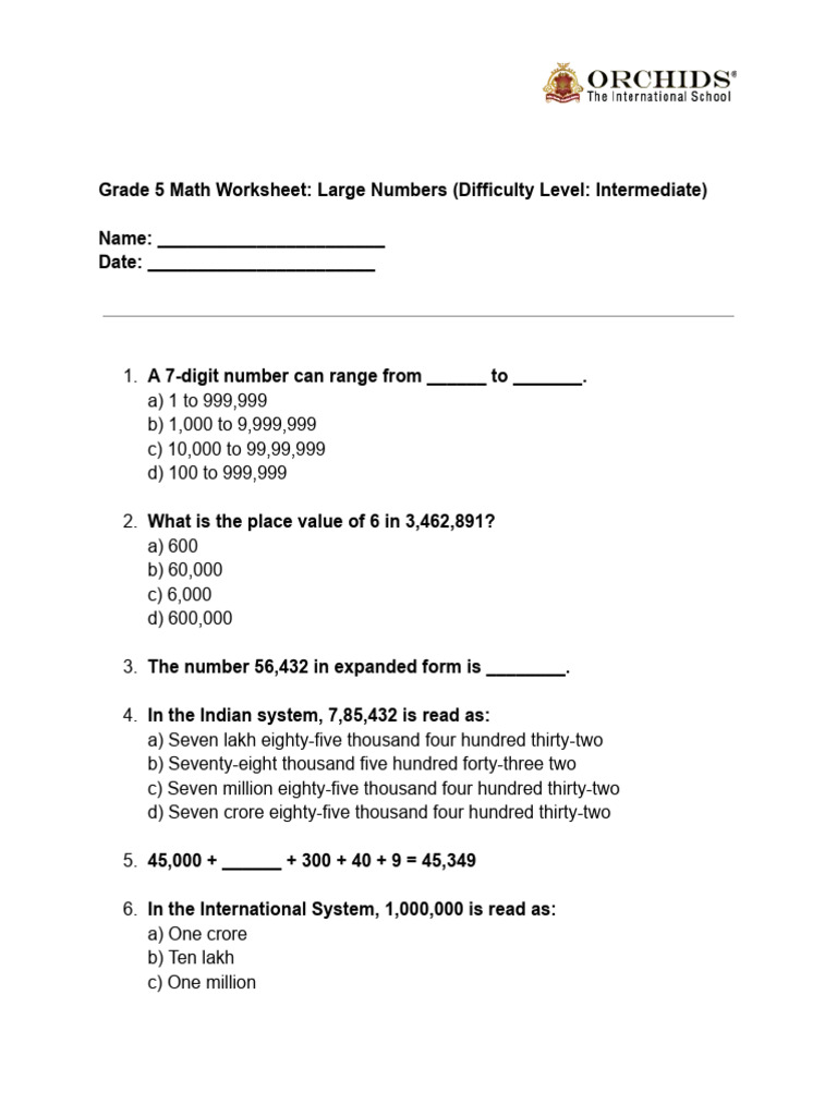 Class 5 Worksheet on Large Numbers | PDF