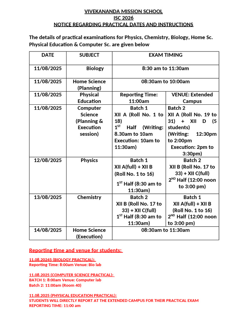 ISC Class 12 Practical Exam Dates 2026 | PDF | Chess Openings | Chess