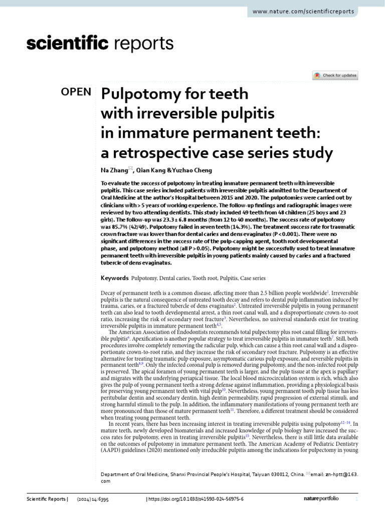 Pulpotomy Success in Immature Teeth | PDF | Mouth | Dental Anatomy
