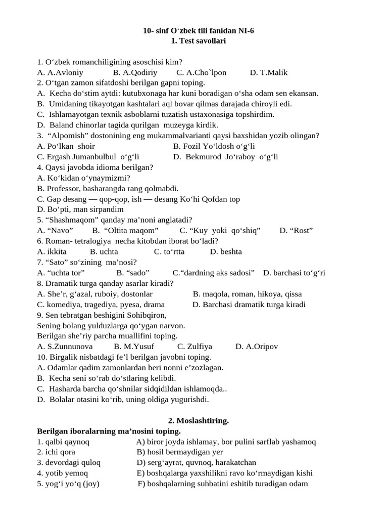 @respublika - Filologlari. 10-Sinf III Chorak Test | PDF