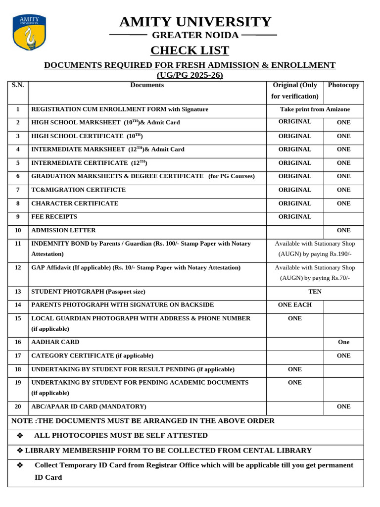 Admission Document Checklist 2025-26 | PDF | Identity Document | Document