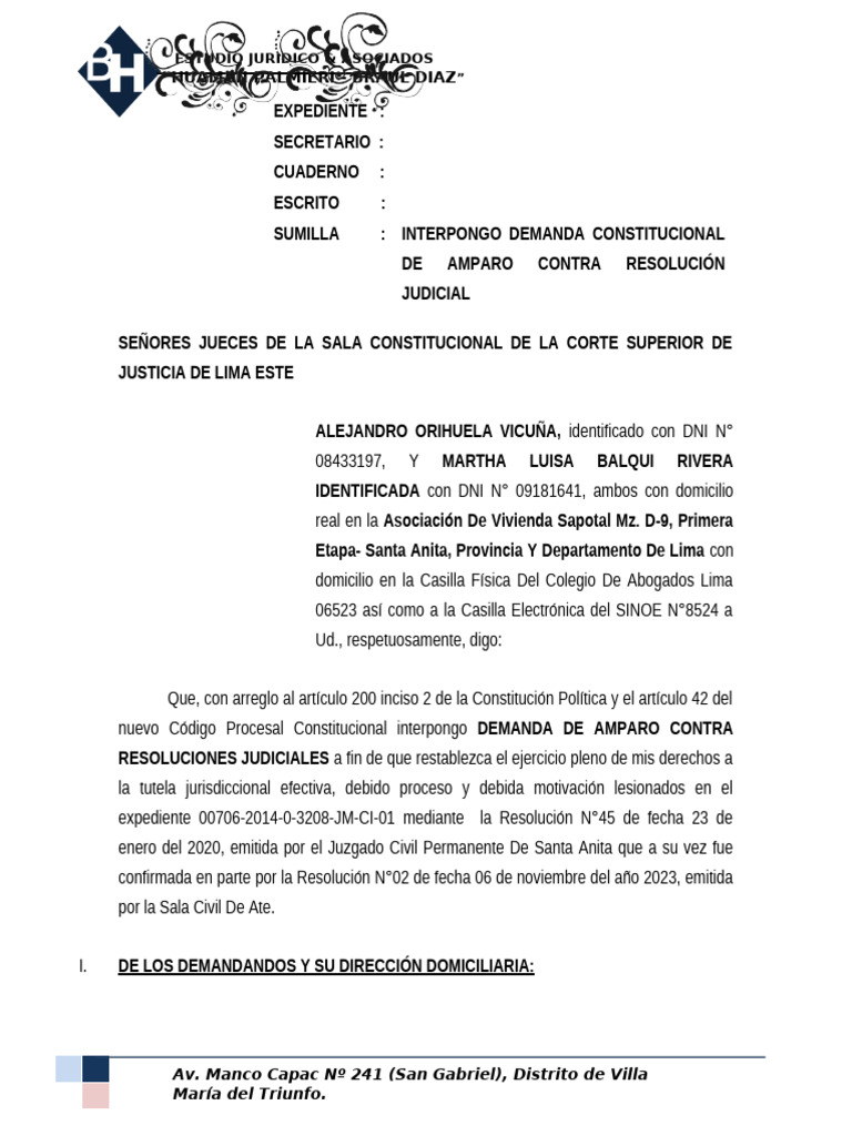 Demanda de Amparo contra Resolución Judicial | PDF | Ley procesal ...