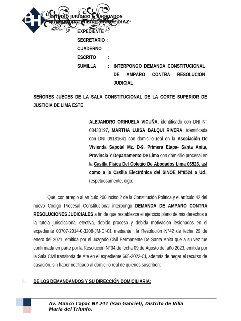 Demanda de Accion de Amparo 707-2014 | PDF | Caso de ley | Debido al ...