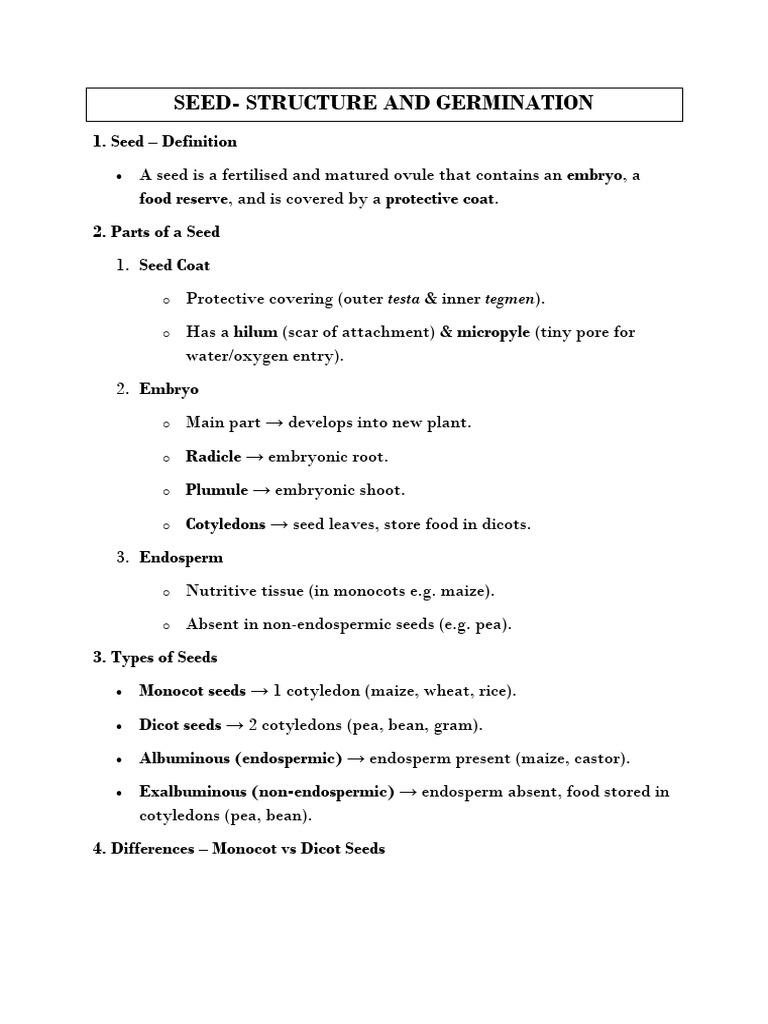 Class 9 Biology Notes (Seed- Structure and Germination) | PDF | Seed ...
