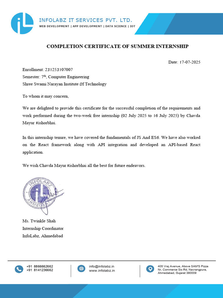 InfoLabz Internship Completion Certificate | PDF