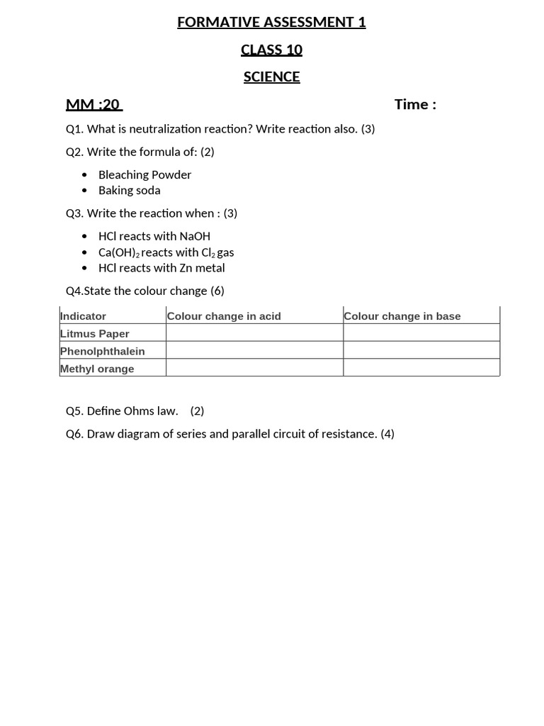 Class 10 Science Formative Assessment | PDF