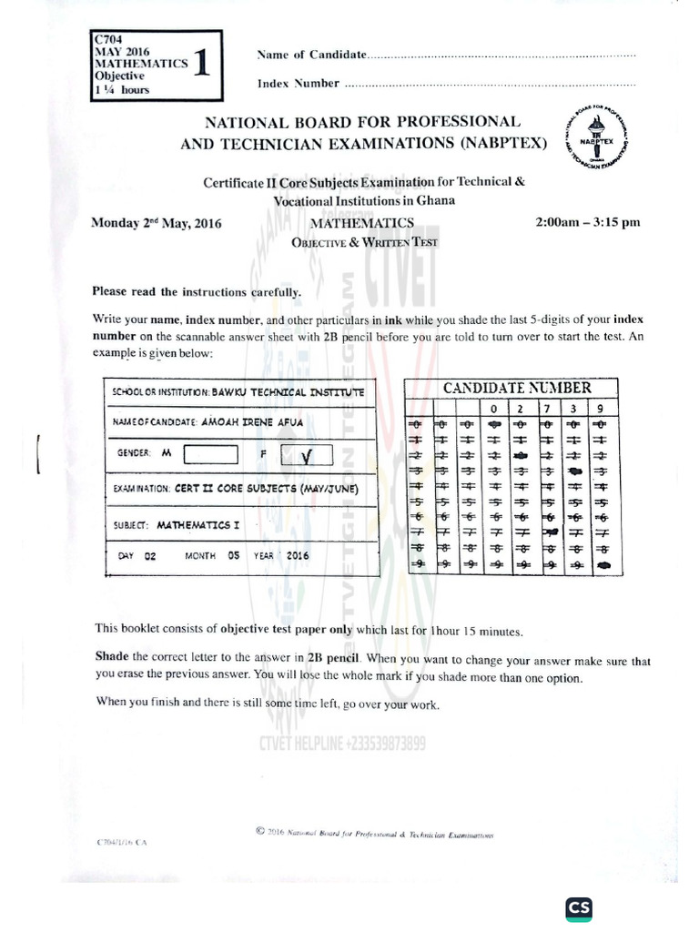 Ctvet Nabptex Mathematics Past Questions and Marking Scheme Whatsapp | PDF