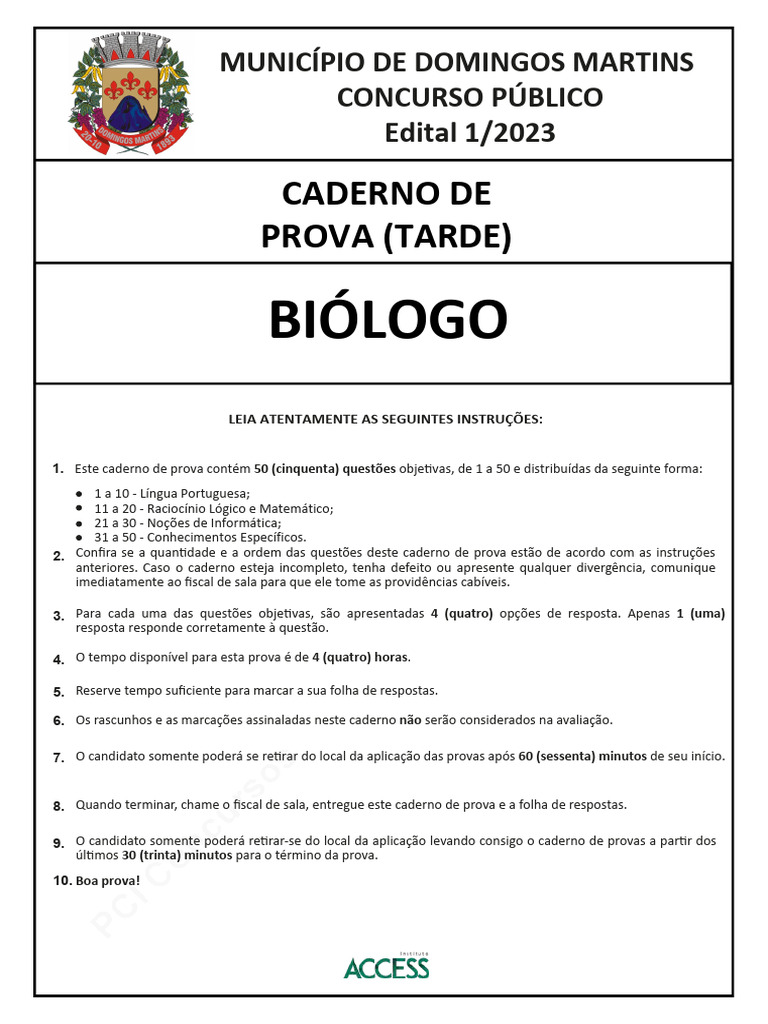 Gabarito Prova de Biologo-Instituto ACCESS | PDF | Rato