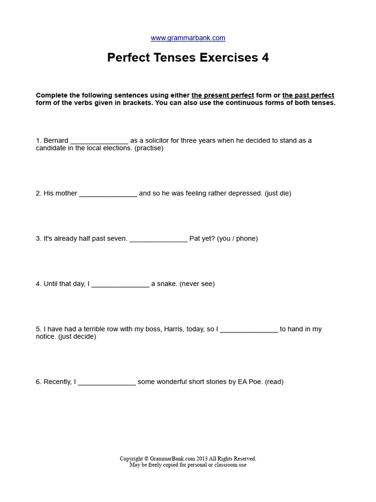 Perfect Tenses Exercises for Practice | PDF