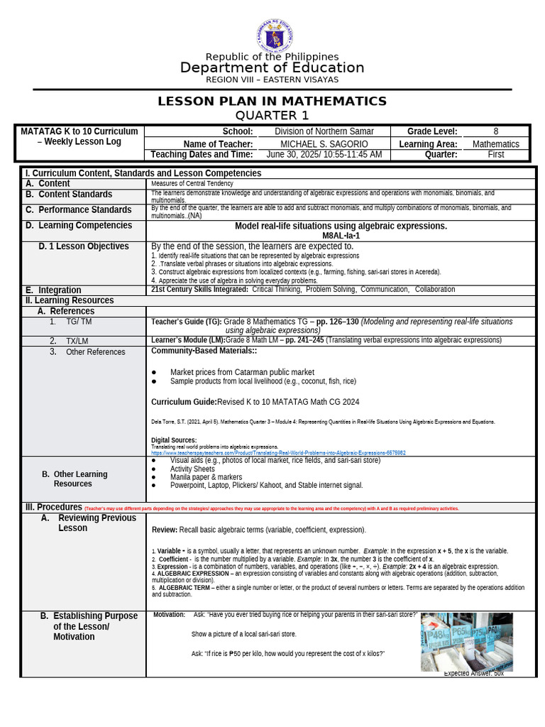 Grade 8 Math Lesson Plan: Algebraic Expressions | PDF | Variable ...