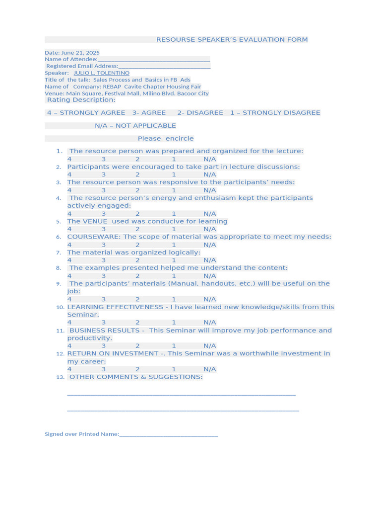 Speaker Evaluation Form for Seminar | PDF