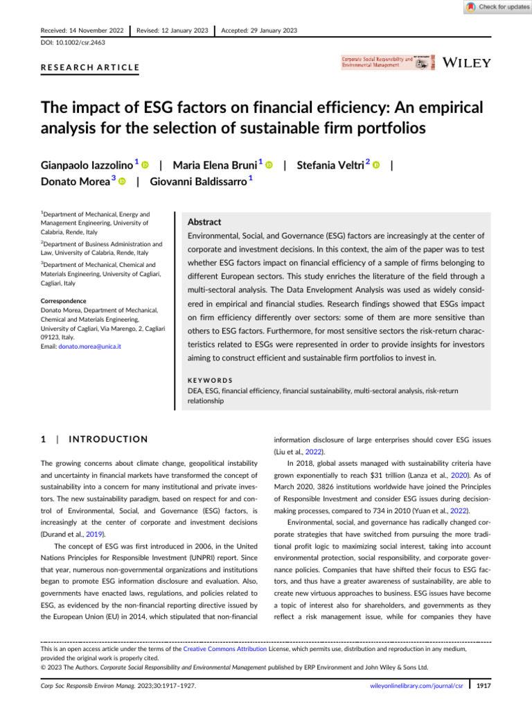 ESG Factors and Financial Efficiency Analysis | PDF | Economies | Business