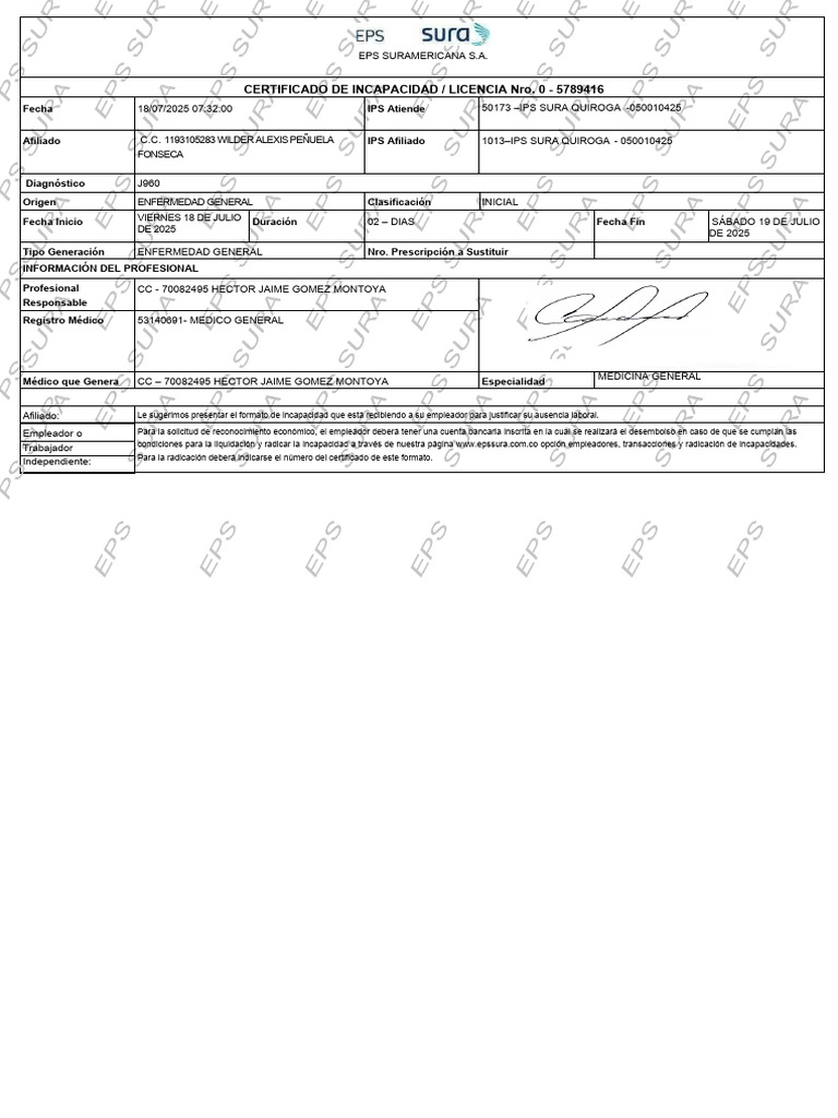 Certificado de Incapacidad EPS Sura 2025 | PDF
