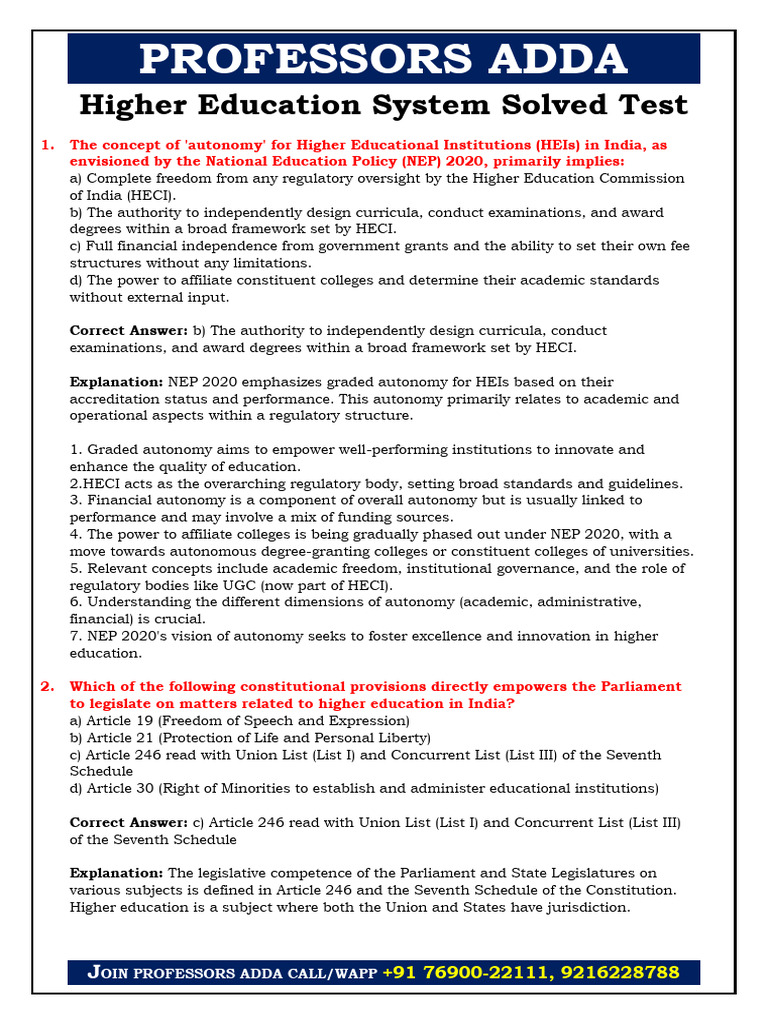 Higher Education System Solved Test | PDF | Vocational Education ...