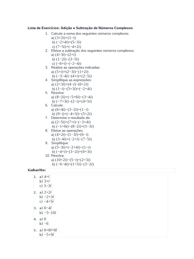 Lista de Exercícios Numeros Complexos | PDF