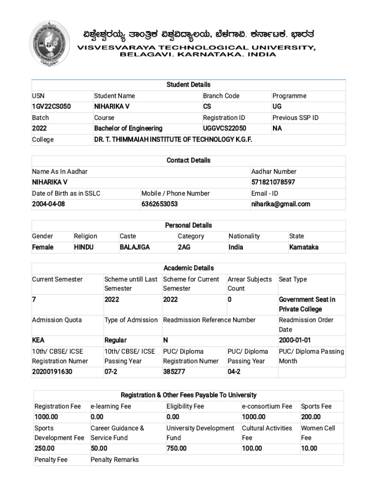 Student Registration Details for Engineering | PDF | Educational Stages ...