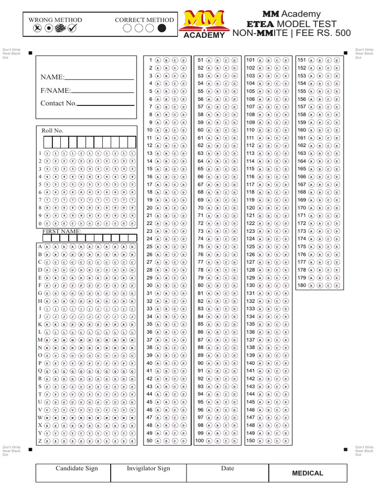 ETEA 180 MCQs Bubble Sheet PDF | PDF