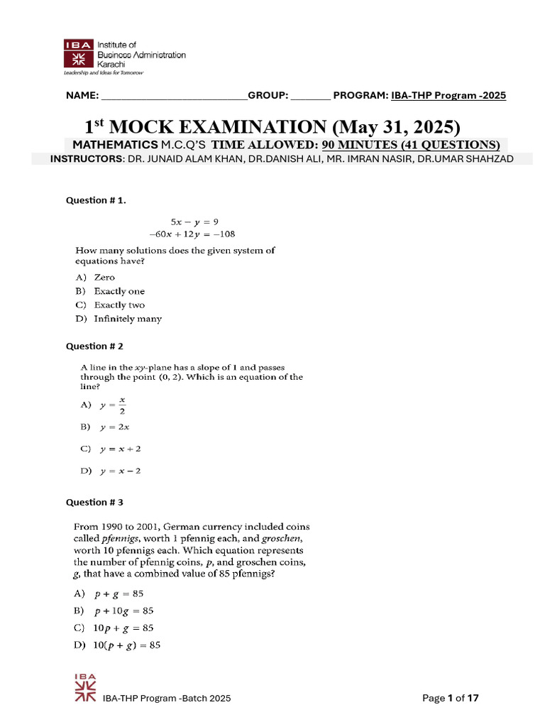 1st Mock Test Mathematics Mathematics (May 31, 2025) | PDF
