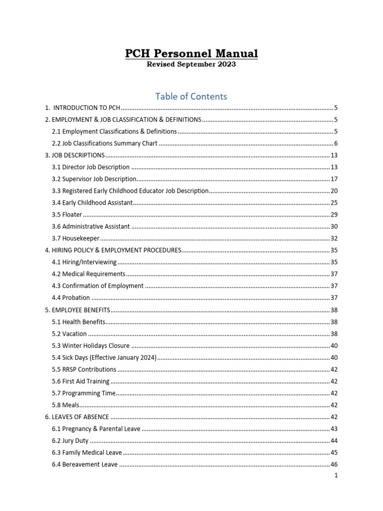 PCH Personnel Manual Overview 2023 | PDF | Employment | Child Care