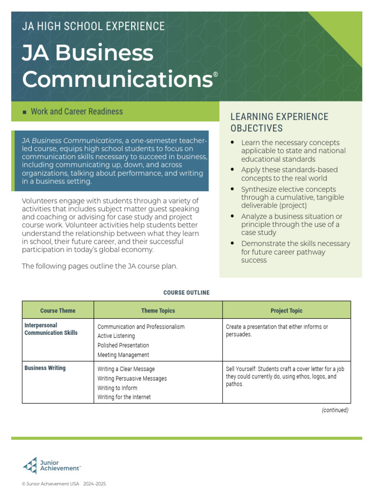 JA High School Experience JA Business Communications Course Overview ...