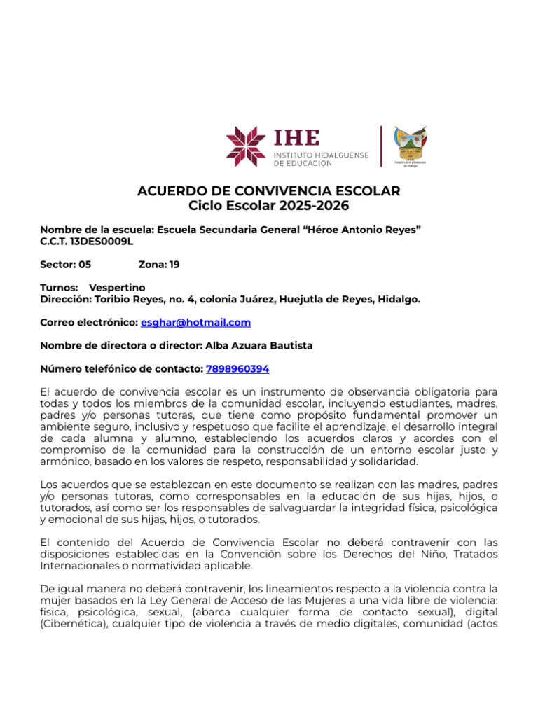 Acuerdo de Convivencia Escolar Ciclo Escolar 2025-2026 | PDF | Escuelas ...