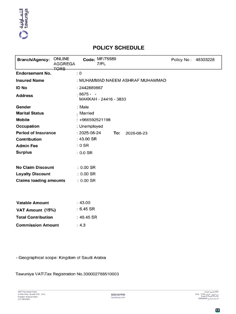 Policy Schedule | PDF