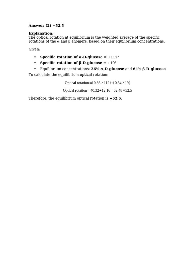 Answer: (2) +52.5 Explanation:: Optical Rotation 0.36 112 0.64 19 | PDF