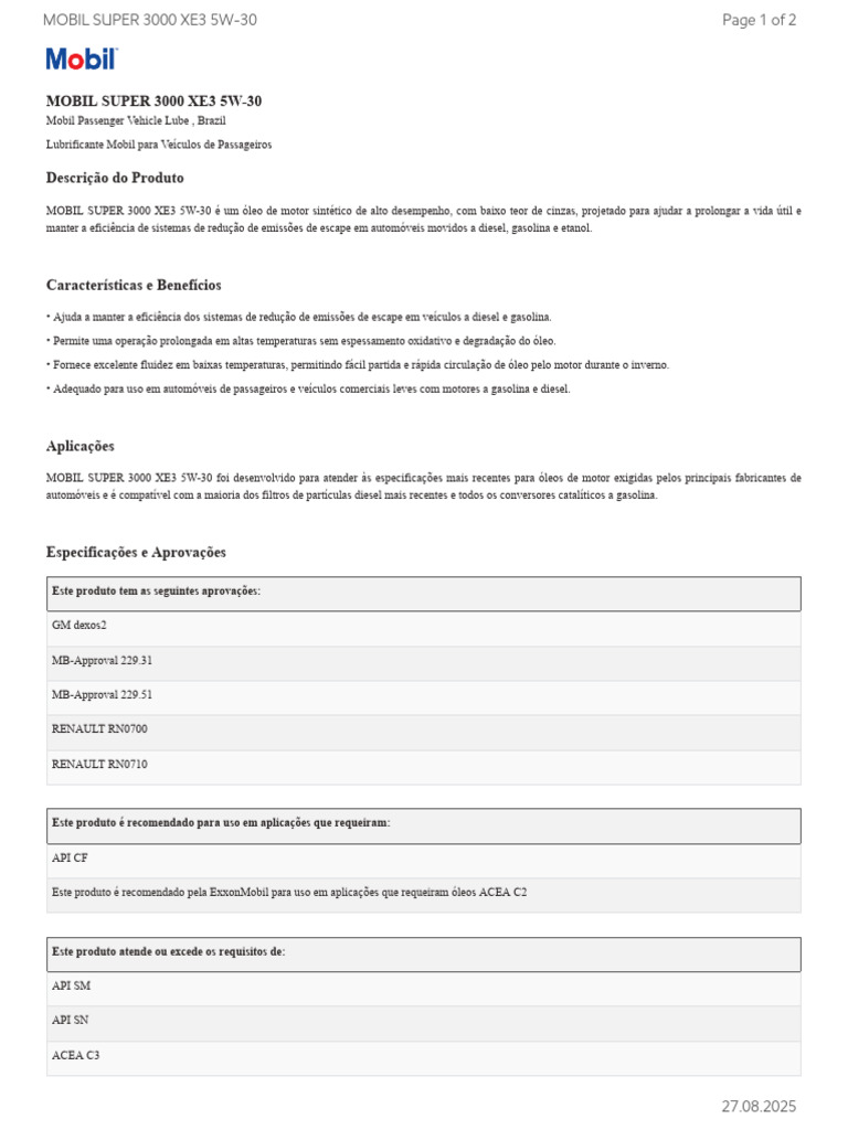 Óleo Mobil Super 3000 XE3 5W-30 | PDF | Óleo de motor | Diesel