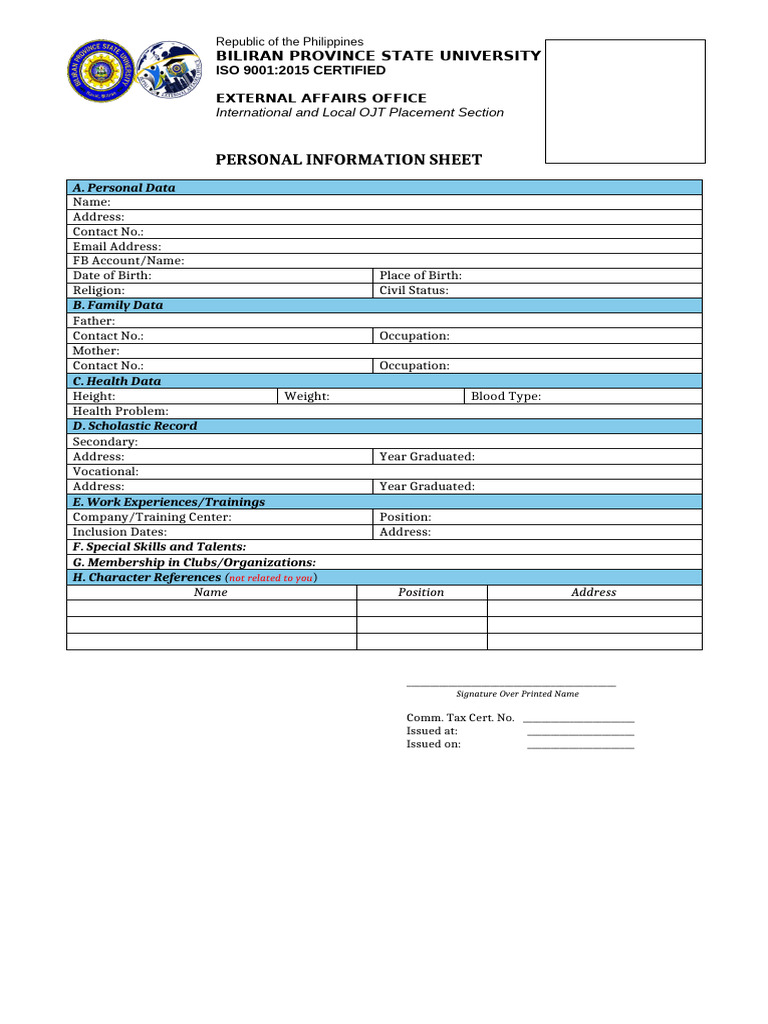 Personal Information Sheet Template | PDF
