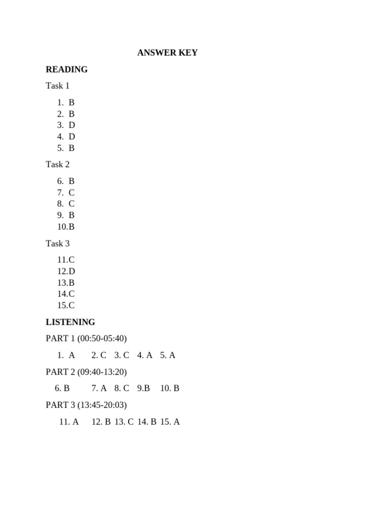 Answer Key for Reading and Listening Tests | PDF
