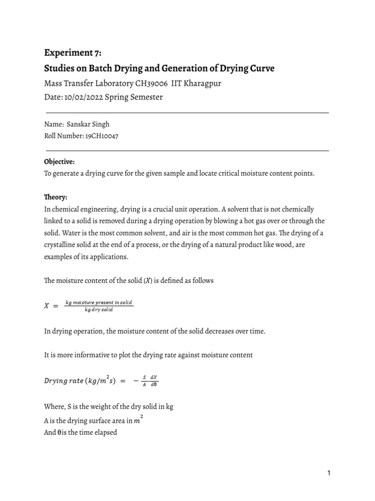 Batch Drying Curve Analysis Experiment | PDF | Physical Chemistry ...