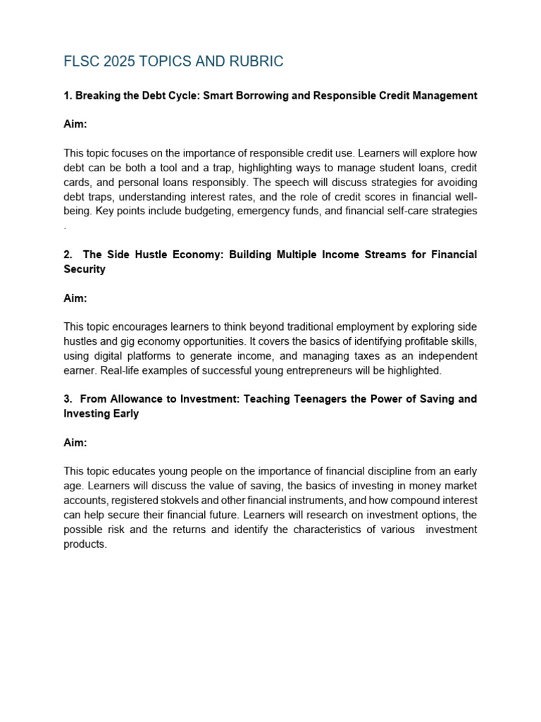 FLSC 2025 Financial Literacy Topics | PDF | Interest | Investing