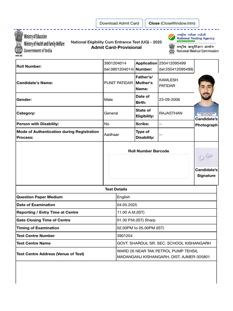 NEET UG 2025 Admit Card Download | PDF