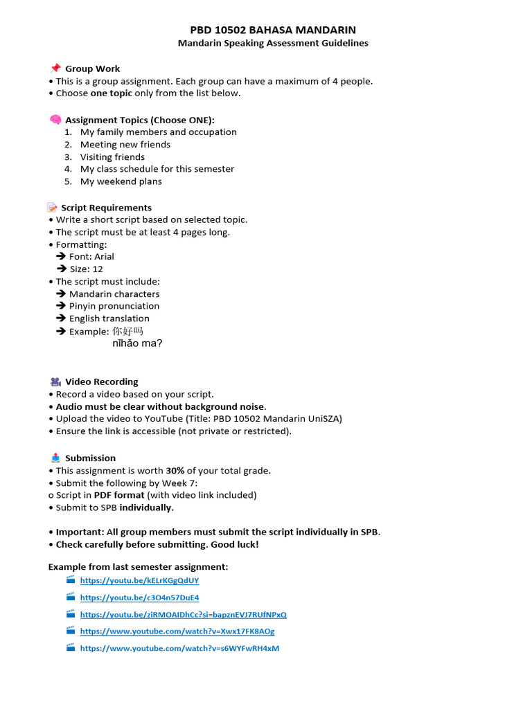 Mandarin Group Assignment Guidelines | PDF | Languages Of Macau ...