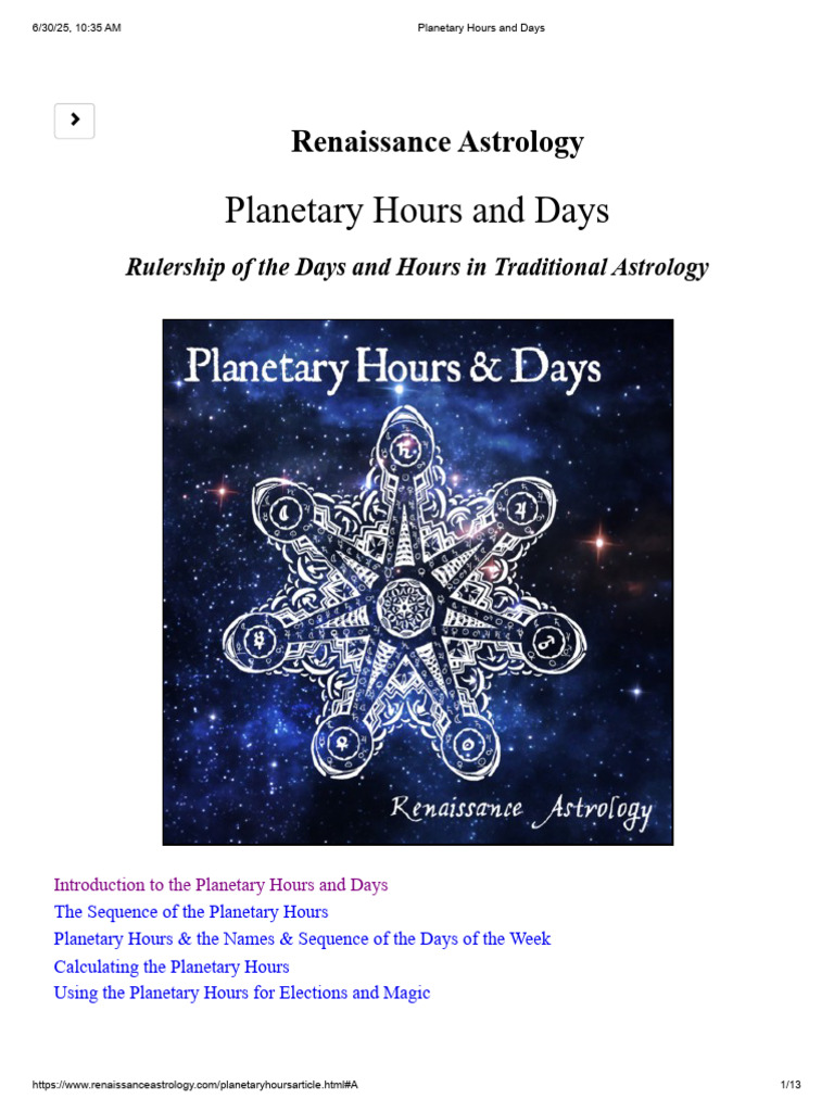 Planetary Hours and Days Explained | PDF | Planets In Astrology | Hour