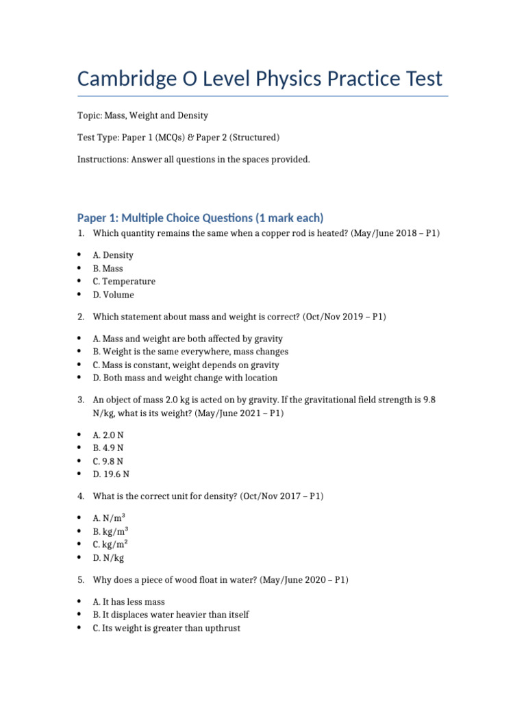 Mass, Weight, and Density Test Questions | PDF | Weight | Density