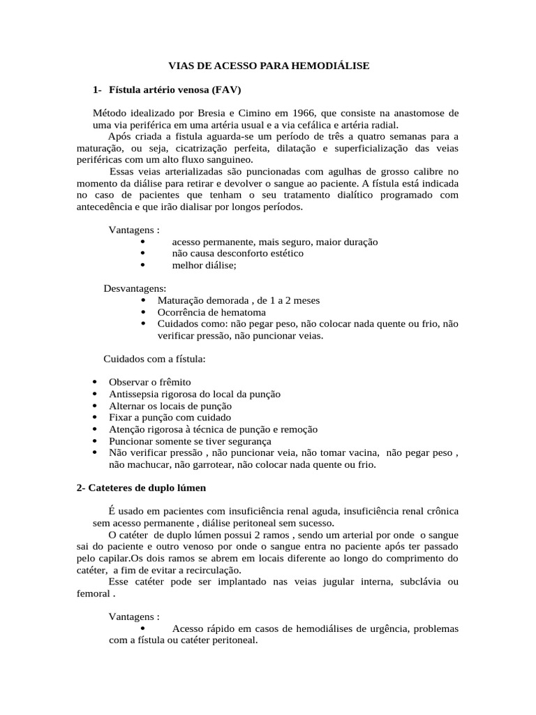 Acesso Venoso para Hemodiálise | PDF | Veia | Especialidades médicas