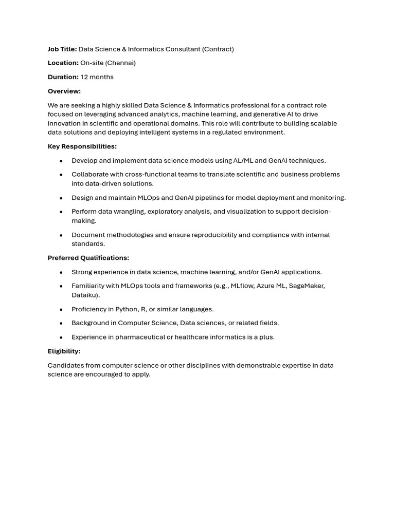 Data Science Consultant Job in Chennai | PDF