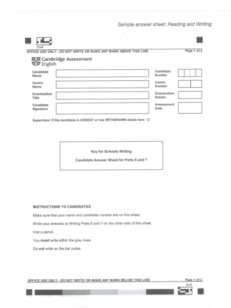 Key For Schools Writing Answer Sheet | PDF