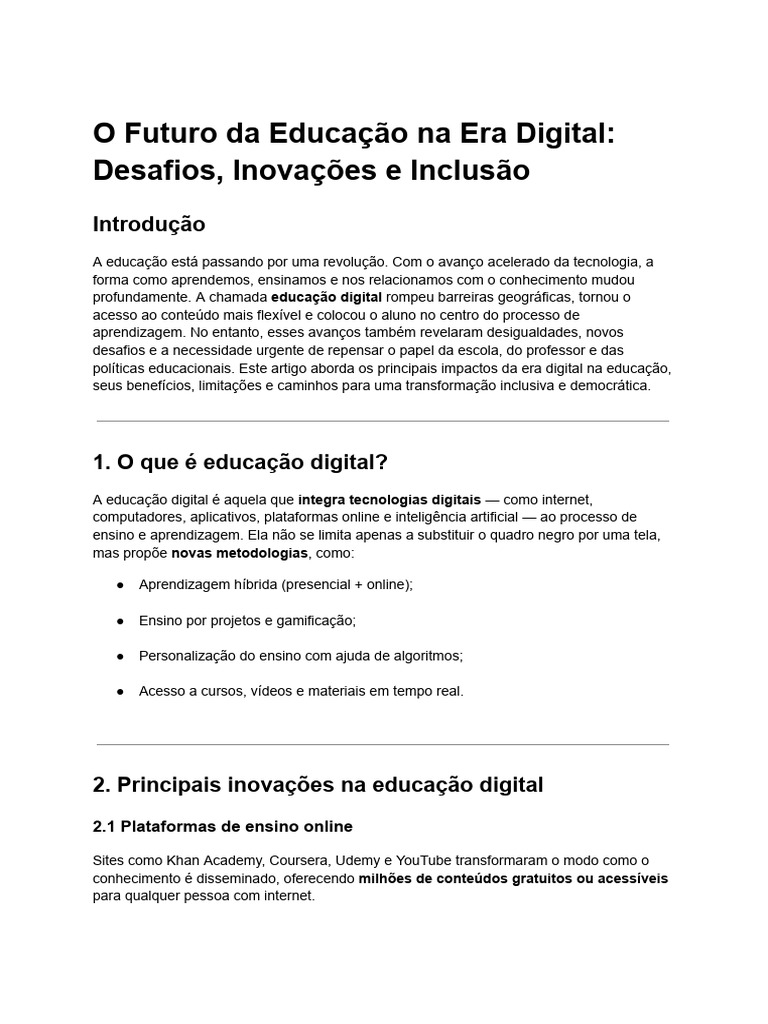 O Futuro Da Educação Na Era Digital - Desafios, Inovações e Inclusão ...