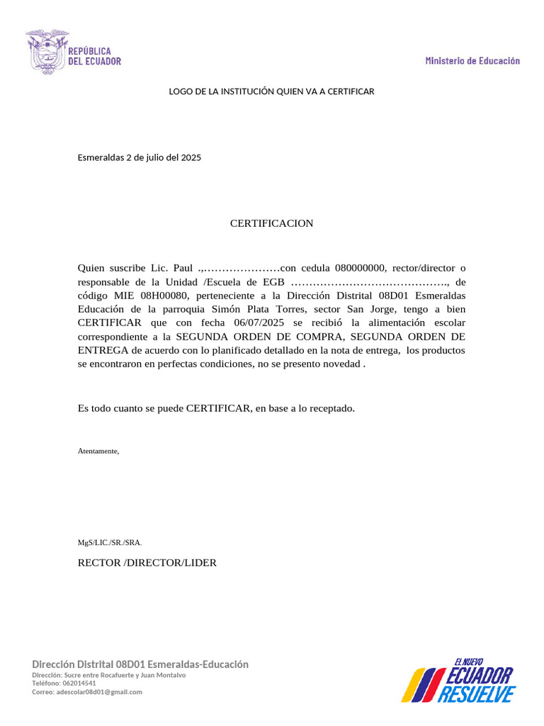 Certificación de Alimentación Escolar EGB | PDF