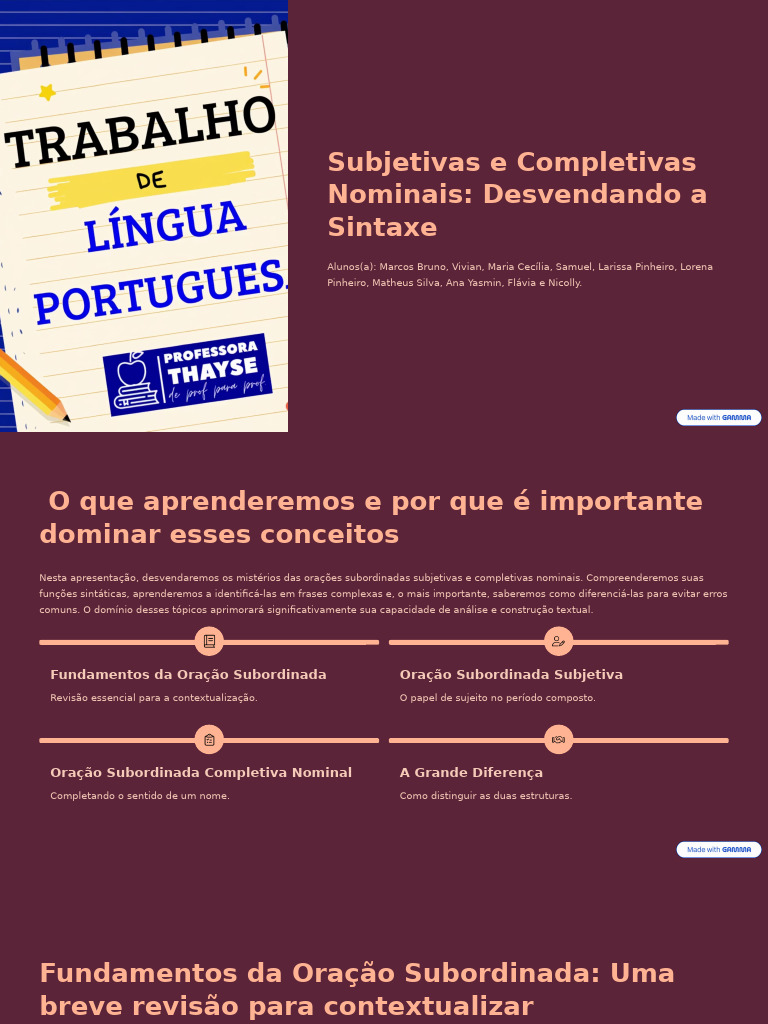 Sintaxe: Subordinadas Subjetivas e Completivas | PDF | Assunto ...