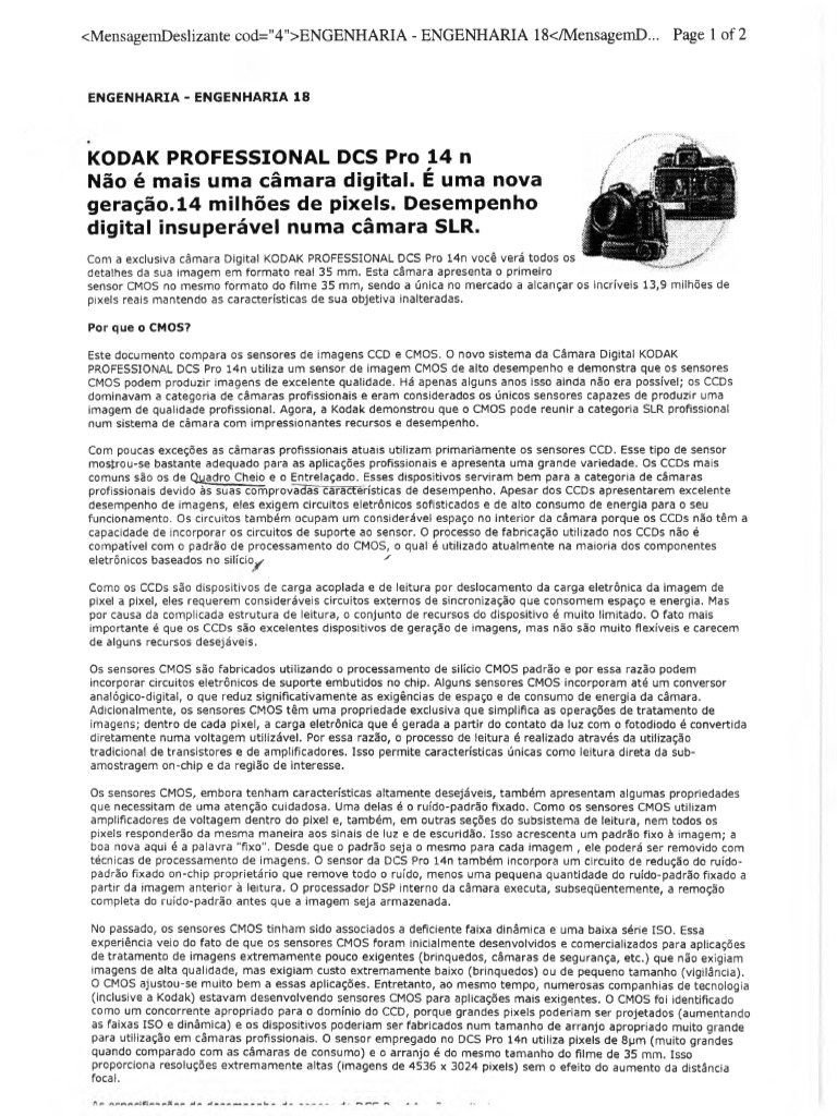 Kodak DCS Pro 14n: Inovação em CMOS | PDF | Fotografia digital ...