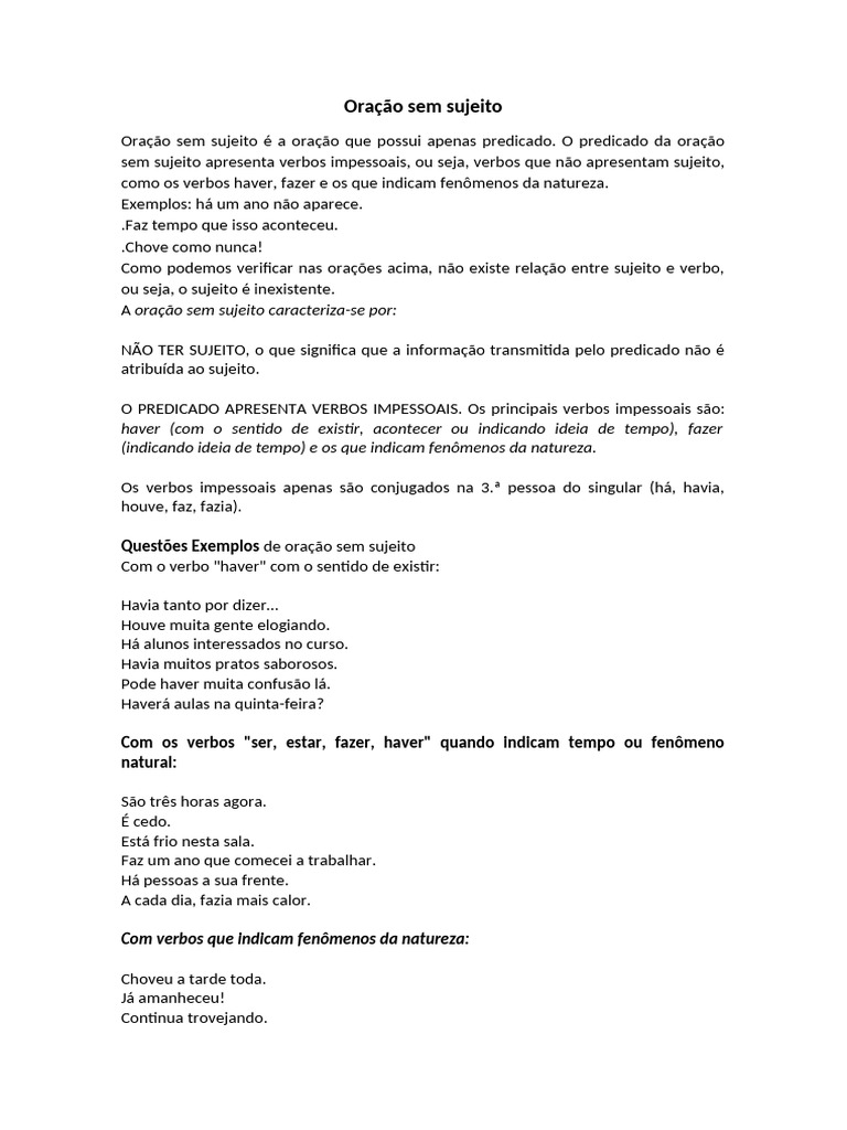 Oração Sem Sujeito: Definição e Exemplos | PDF