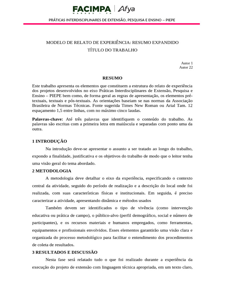 Modelo de Relato de Experiência | PDF | Experiência | Informação